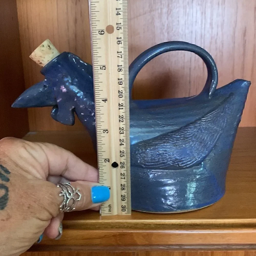 Hand Crafted Clay Oil Dispenser Rooster Blue Pottery